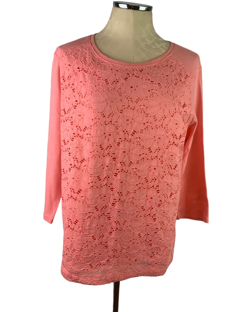 Large Petite Croft & Barrow Women's Coral Pink 3/4 Sleeve Lace Front Tshirt