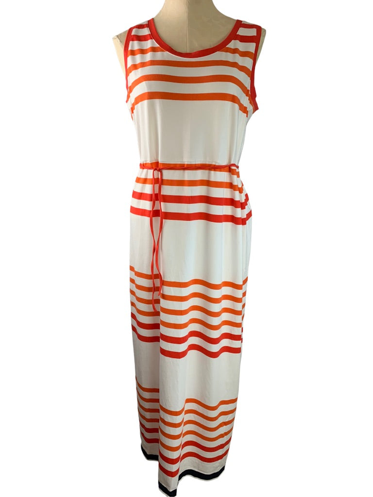 Large Talbots Orange White Soft Knit Striped Sleeveless Maxidress Belted