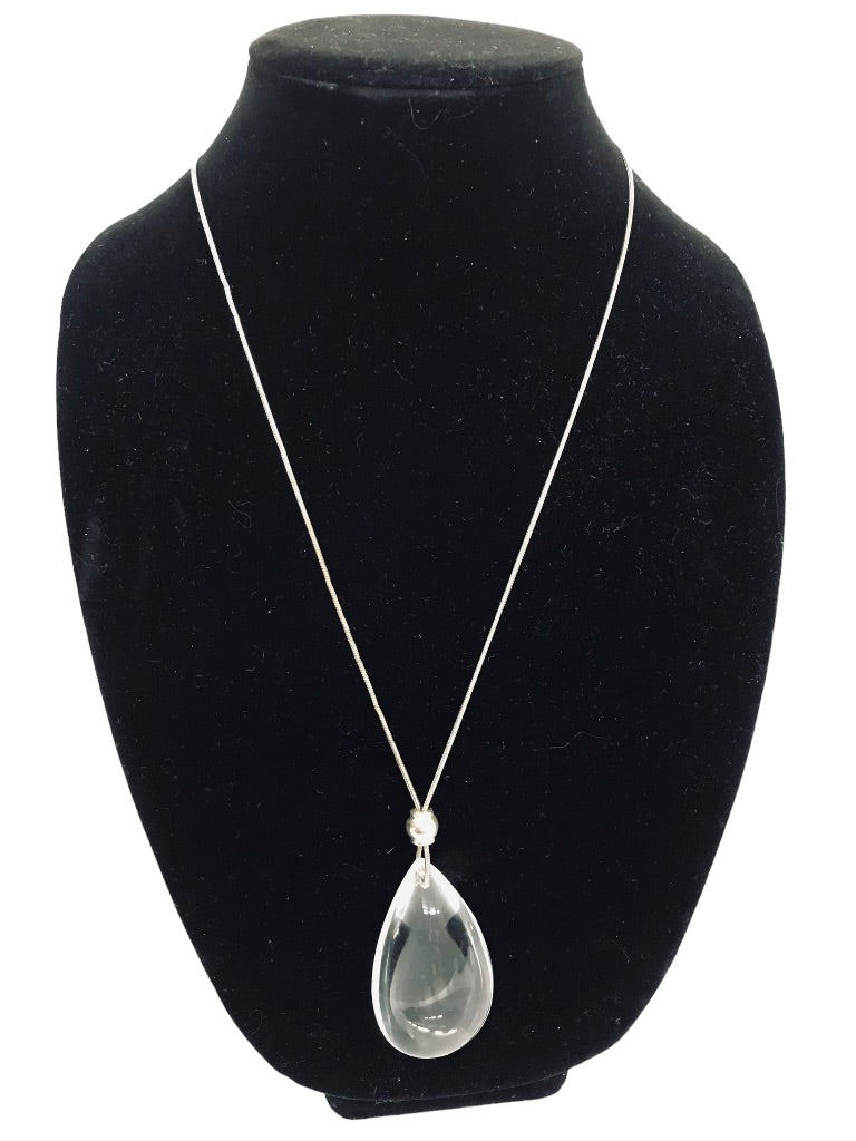 Chico's Silvertone 36-40" Necklace Clear Acrylic Teardrop Pendant 2 1/4"