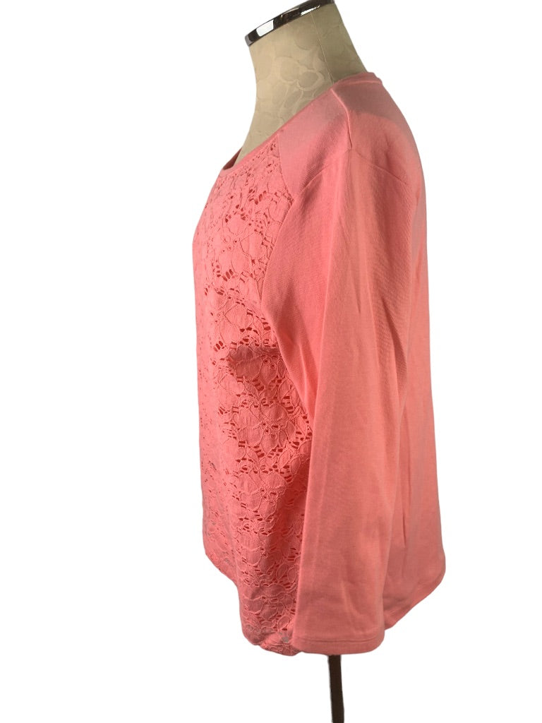 Large Petite Croft & Barrow Women's Coral Pink 3/4 Sleeve Lace Front Tshirt