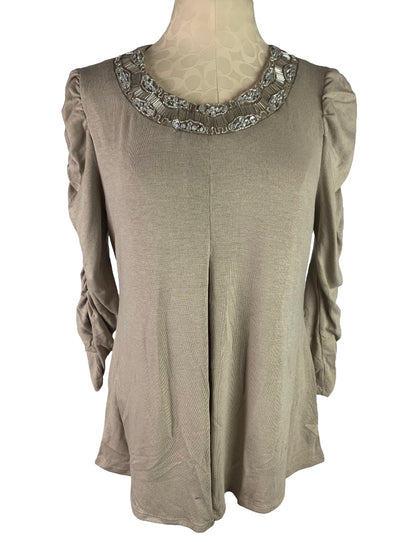 Large Glitterscape Women's New Taupe Beaded Round Neck Jersey Knit Pullover Top