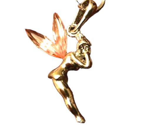 Silvertone Fairy Pendant 15.5" Chain Necklace Pink Jewel Wings 1.5" Pendant