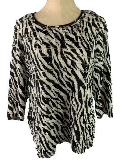 Large Elementz Women's Black White Zebra Print Ruffle Pullover Stretch Top