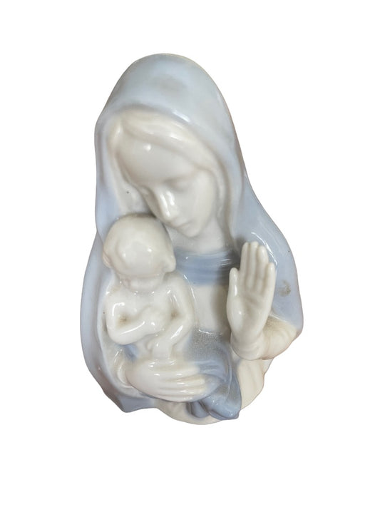 Reginart Blessed Virgin Mary Infant Jesus Statue Blue White Porcelain 4.5"h