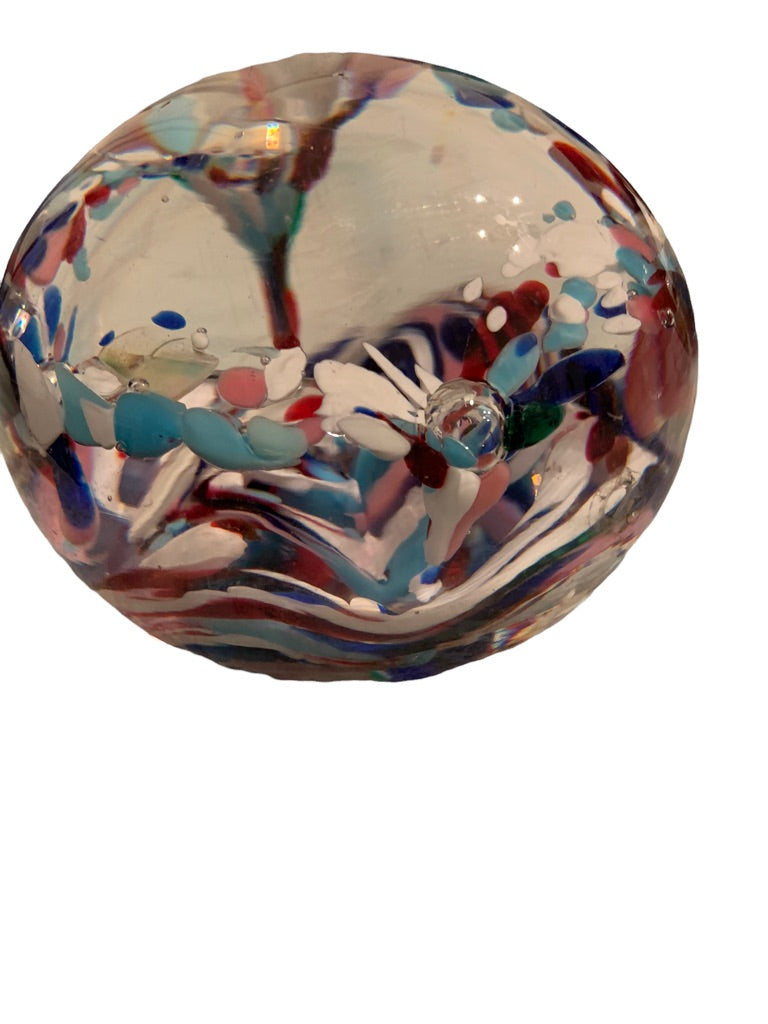 Heavy Glass Globe Paperweight Abstract Design Blue Purple White 3.5"d x 2.8"h