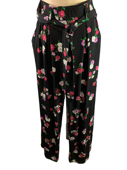 Small Express Pull On Floral Print Women's Pants Pockets Tie Belt