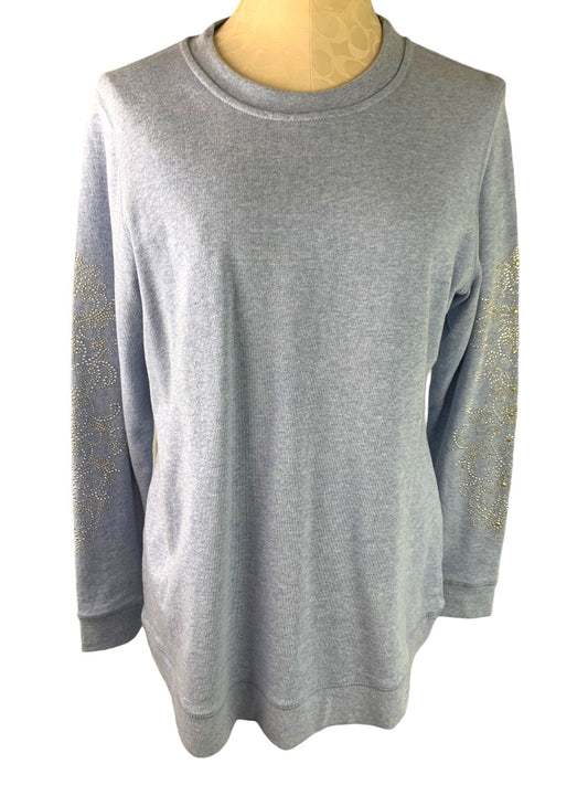 Medium DG2 by Diane Gilman Women's Heather Blue Embellished Sleeve Sweatshirt Pullover