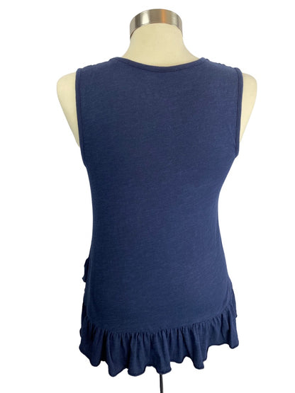 XS DG2 Diane Gilman Navy Blue Ruffle Hem Sleeveless Tshirt Tank Tunic Length