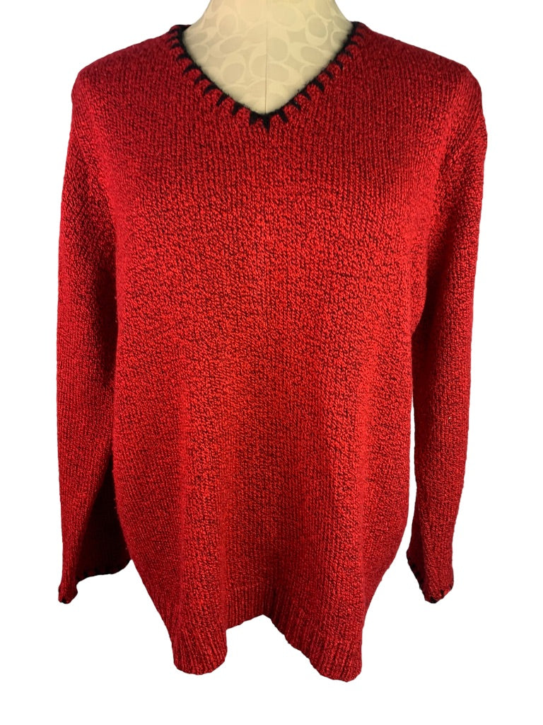 XL Stephanie Rogers Red Black V-Neck Women's Sweater Marled Knit