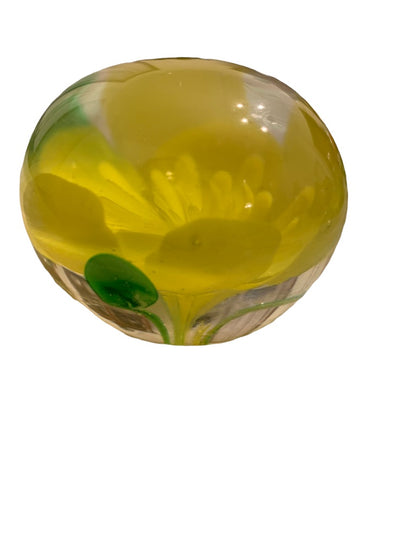 Round Globe Paperweight Yellow Flower 2.2"d x 1.8"h