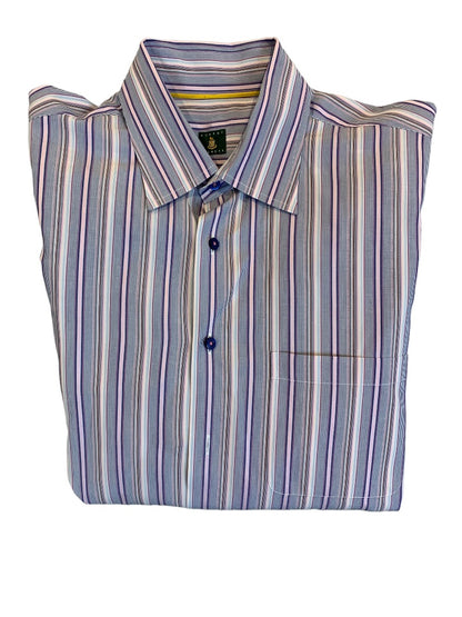 XL Bugatchi Uomo Men's Classic Fit Button Up Blue Stripe White