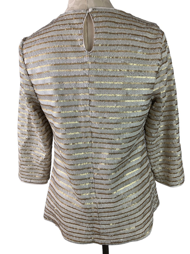 8 Boden Women's Silver Gold Sequin Stripe Blouse Lined 3/4 Sleeve