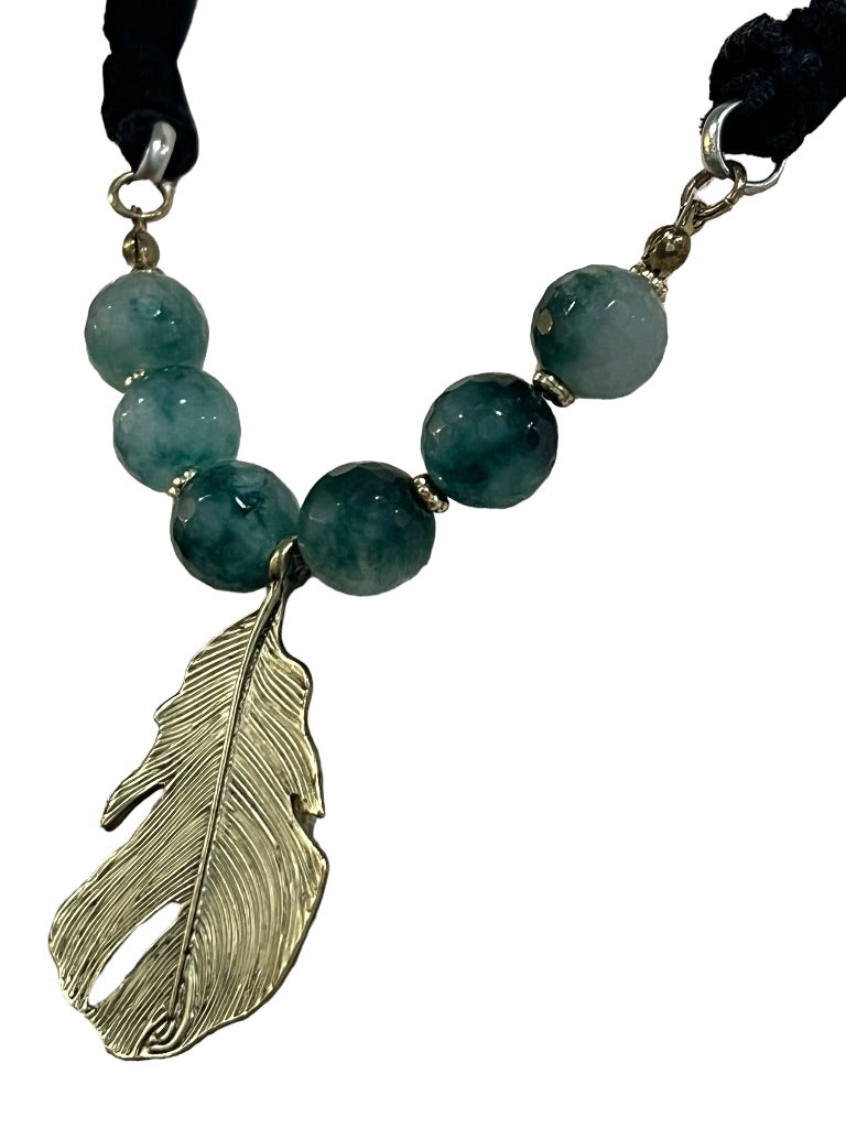 Blue Fluorite Stone Goldtone Leaf Necklace Velvet Tie Adjustable 36"