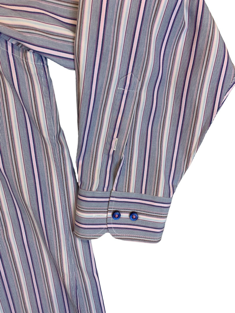 XL Bugatchi Uomo Men's Classic Fit Button Up Blue Stripe White