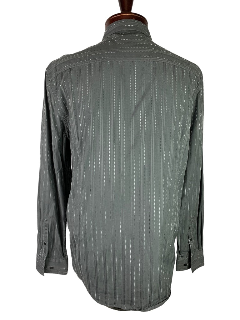 Large Kenneth Cole Men's Button Up Dark Gray Contrast Stitch Stripe Dress Shirt