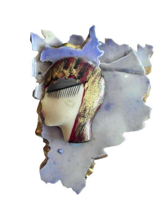 Vintage 80s Handpainted Signed Porcelain Brooch Pin 20s Flapper Inspired 3 1/4"