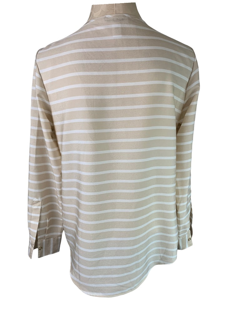 Small Calvin Klein Tan White Stripe 1/2 Zip Slightly Sheer Women's Blouse