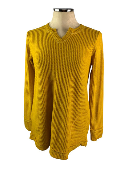 XS LOGO Lounge Lori Goldstein Yellow Waffle Tunic Top Pockets V-Neck