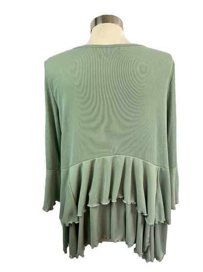 Large Andthewhy Women's Sage Green Pullover Ribbed Knit Top Tiered Ruffle