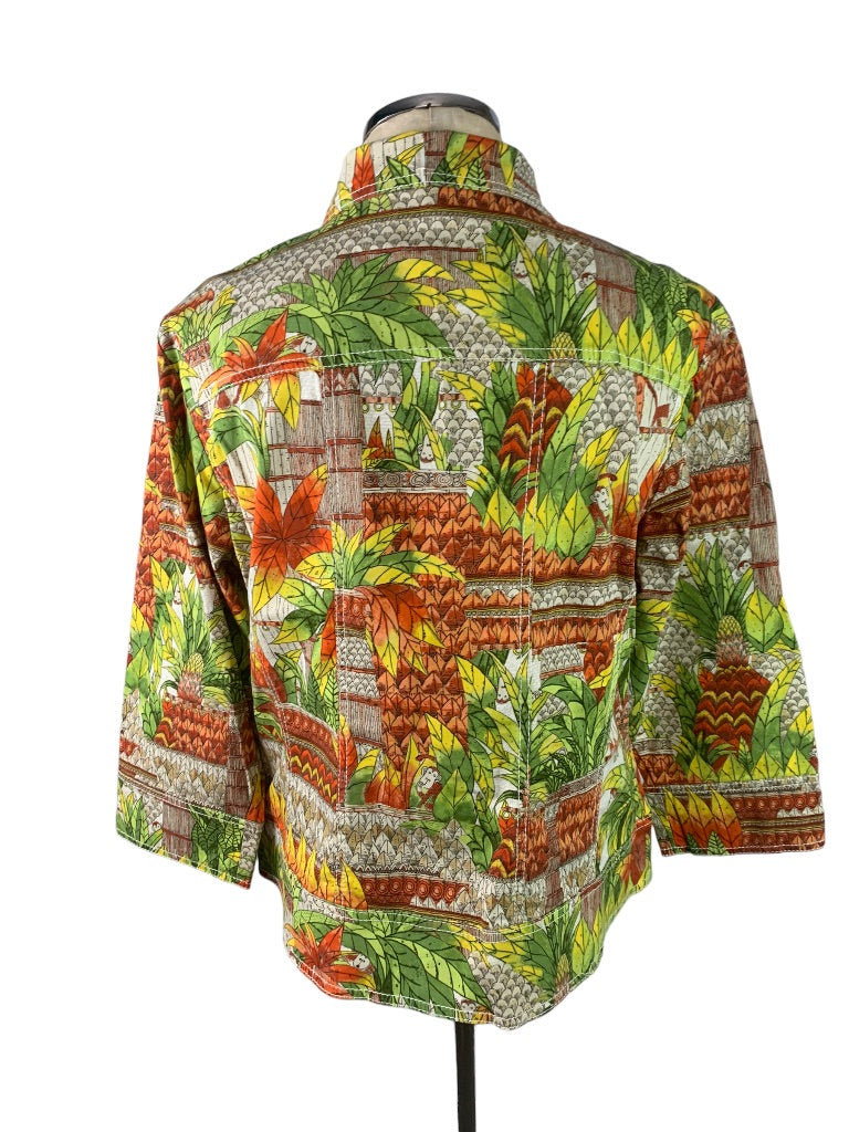 Large Chico's (Size 2) Button Up Collared Jacket Tropical Print Cotton Stretch