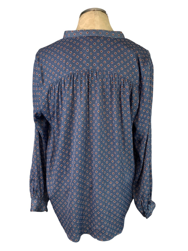8 H&M Women's Popover Blue Ascot Print Blouse Single Pocket