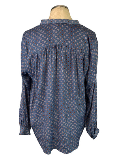8 H&M Women's Popover Blue Ascot Print Blouse Single Pocket