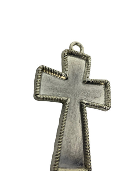 Silvertone Statement Pendant 2 3/4" Cross Textured Dimensional