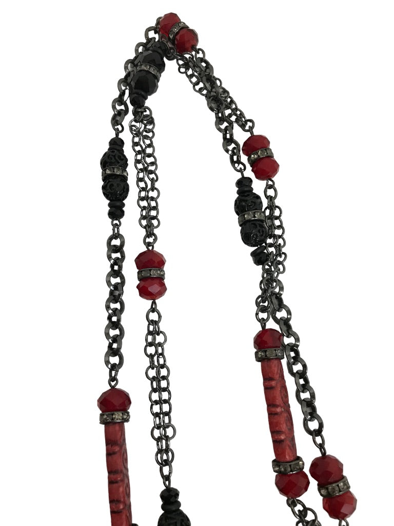 Black Beaded 35" Strand Necklace Red Accents Tassel 6.5" Dramatic