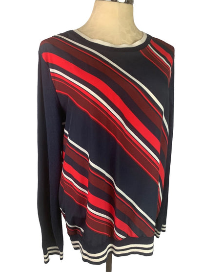 Large Tommy Hilfiger Women's Pullover Designer Print Mixed Fabric Sweater Navy Red