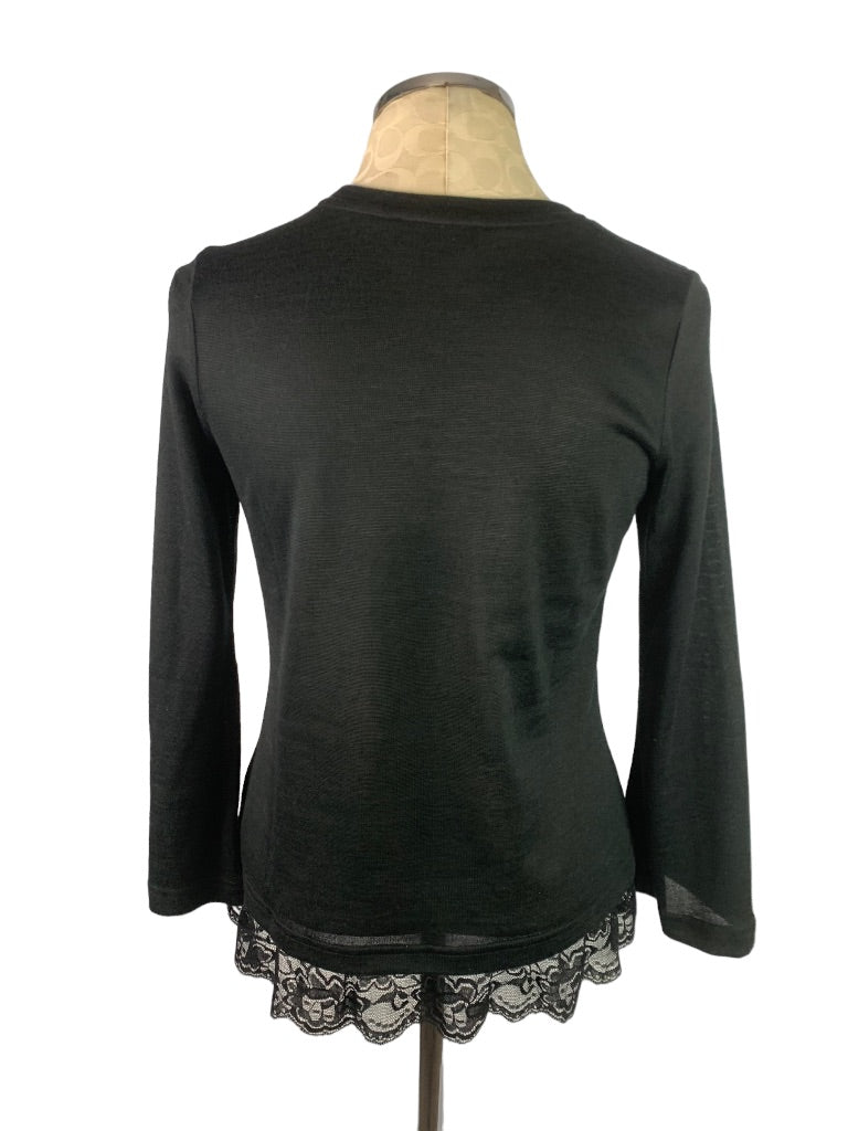 XS DG2 Diane Gilman Black Slightly Sheer Lace Hem Pullover Sweater Women's