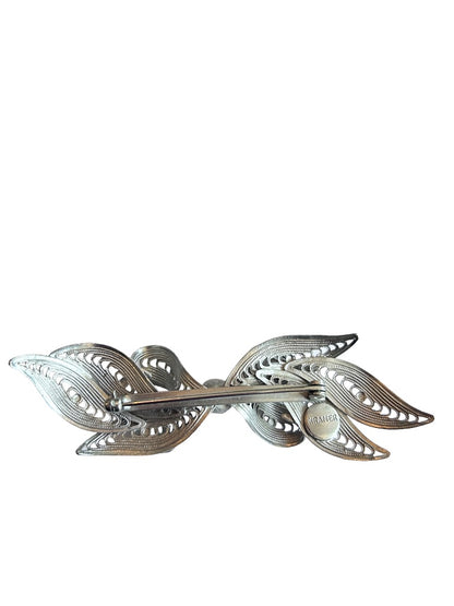 Vintage Signed Kramer Brooch Pin Silvertone Bow Filigree Ornate 3"