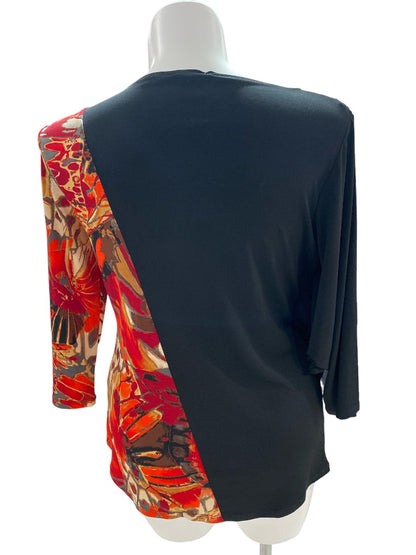 XL Cyrus Floral Red Black Drape Front Stretch Blouse NWT