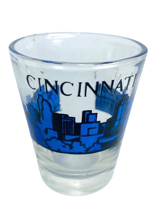 Cincinnati Souvenir Skyline Shot Glass Blue Barware Clear