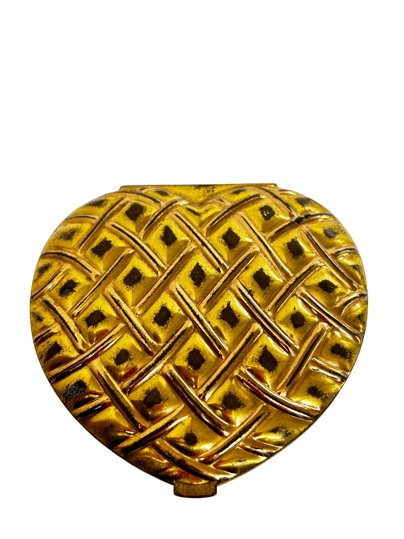Vintage Shell Shape Heart Makeup Compact Goldtone Mirror Puff 4" x 4"