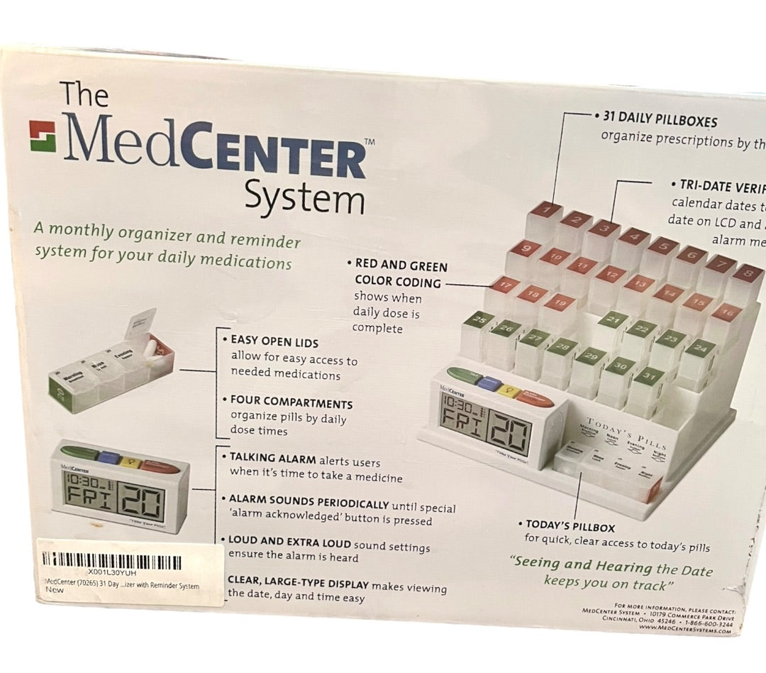 MedCenter System Monthly Medication Organizer with Easy Set Reminder Clock New Sealed
