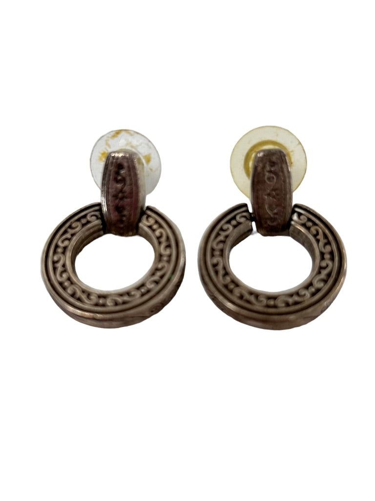 Vintage Sivertone Door Knocker Earrings Embossed 1 1/8" Drop Post Pierced