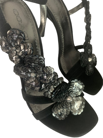 7.5B Coach Bianca Sandal Leather Paillettes Heeled Sandals Black 4" Heel G3169