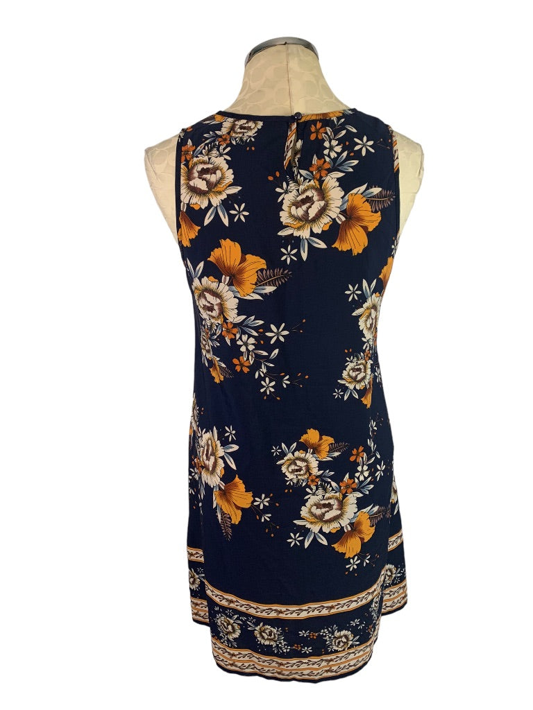 6 Shein Navy Blue Floral Pattern Sleeveless Shift Dress Short