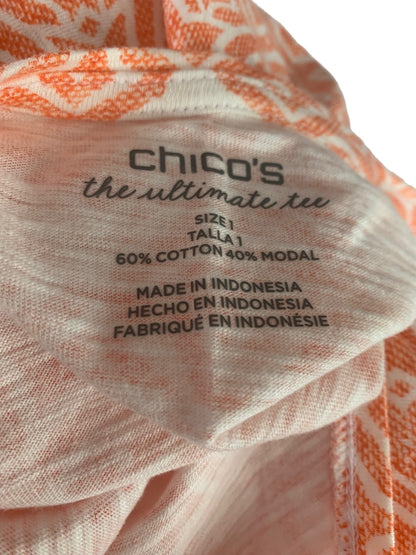 Medium Chico's (Size 1) Women's The Ultimate Tee Orange White Print V-Neck 3/4 Sleeve Top