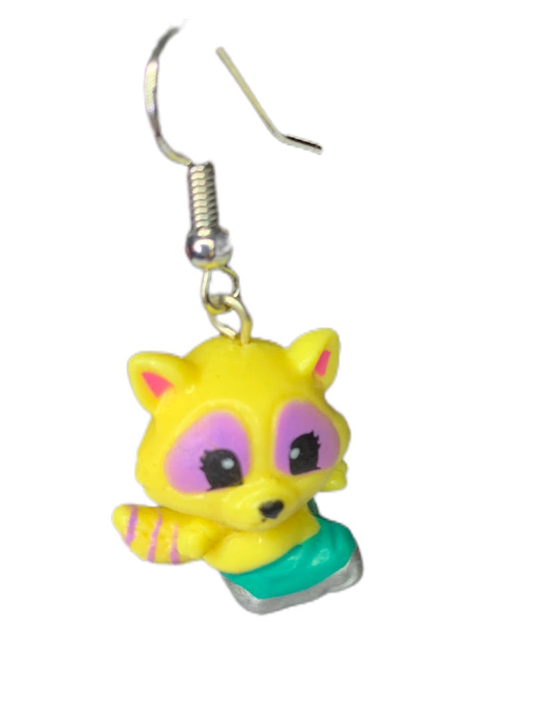 Animal Racoon Figural Earring Pink Yellow 1.5" Drop Dangle Hook Pierced