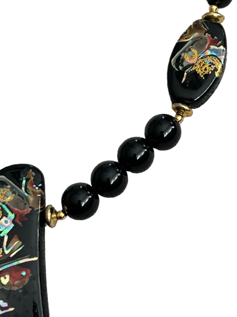 Handpainted Black Lacquer Oriental Wooden Pendant Necklace 22" Long