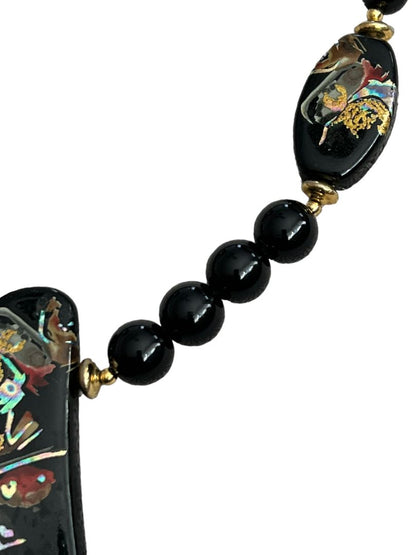 Handpainted Black Lacquer Oriental Wooden Pendant Necklace 22" Long