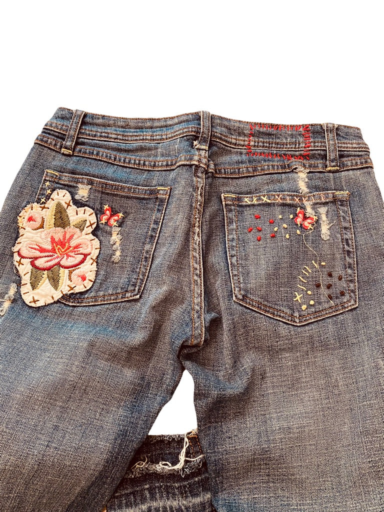 7 ZD Premium Denim Junior Women's Embroidered Floral Jeans Distressed Straight Leg