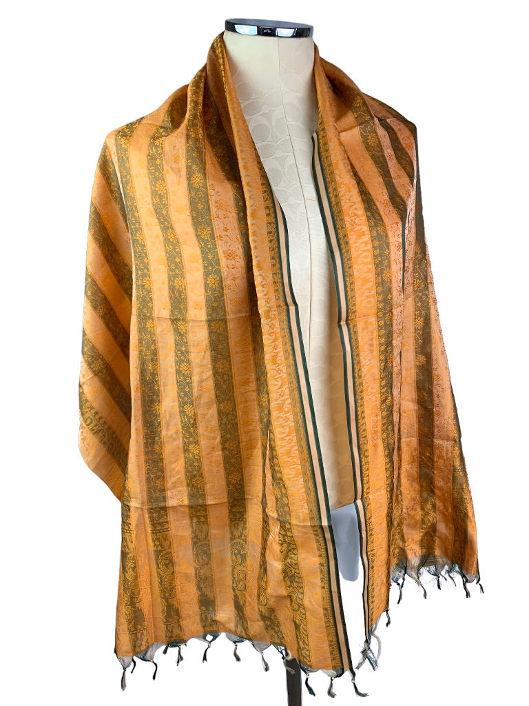 Orange Brown Stripe Fringed Shawl Scarf Lightweight 21" x 67" Floral