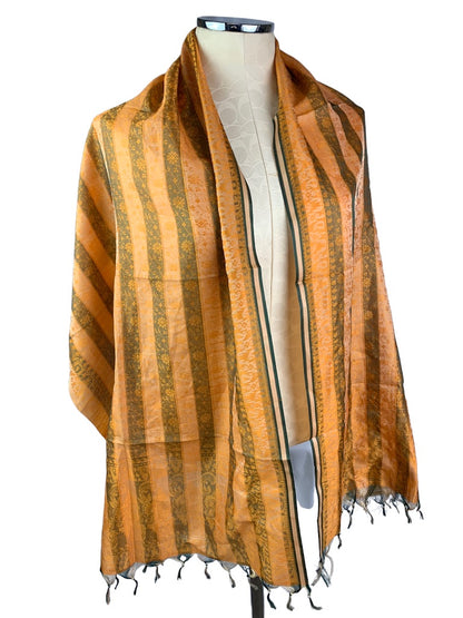 Orange Brown Stripe Fringed Shawl Scarf Lightweight 21" x 67" Floral