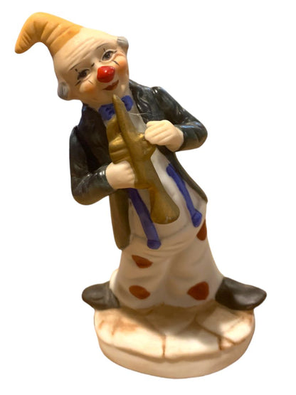 Vintage 1970s Porcelain Hobo Clown Figurine Trumpet Playing Figurine 6"