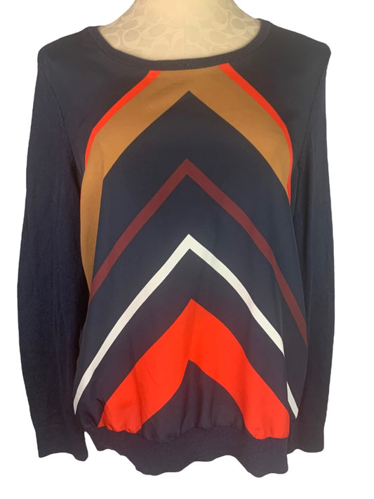 Large Tommy Hilfiger Women's Pullover Designer Print Mixed Fabric Sweater Navy Orange