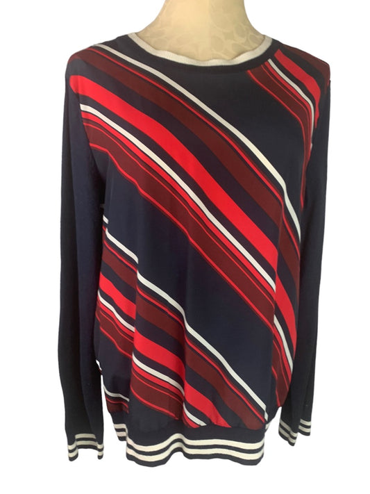 Large Tommy Hilfiger Women's Pullover Designer Print Mixed Fabric Sweater Navy Red