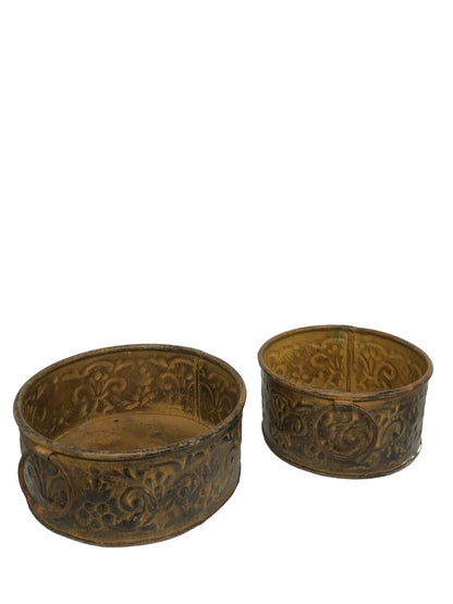 Set of 2 Round Metal Planters Embossed Design 5" and 6" Diameter