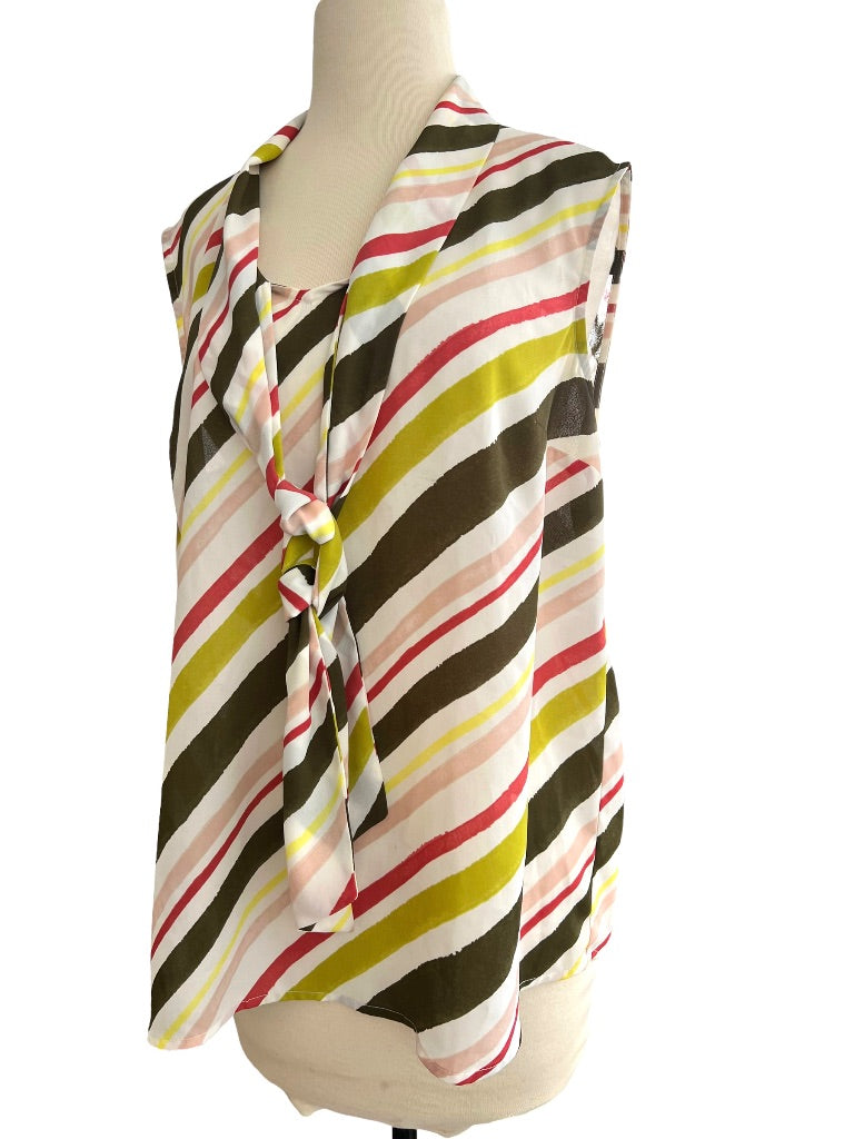 Nine West Sleeveless Blouse Necktie Diagonal Striped Greens Pinks Size Large